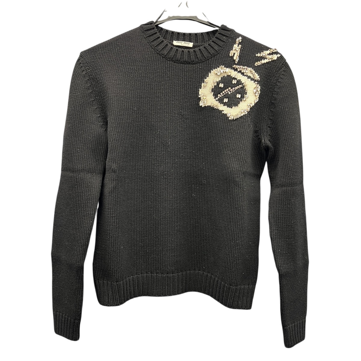 miumiu 希少 美品 ミュウミュウ 目覚まし時計モチーフ ビジュー ニット 長袖 セーター 2017年 MML009 ウール ブラック サイズ40 レディース ABランク 中古 鑑定済 ミュウミュウニット