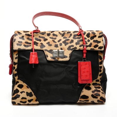 プラダ PRADA パイソン レオパード オーストリッチ ナイロン ハンドバッグ【中古】