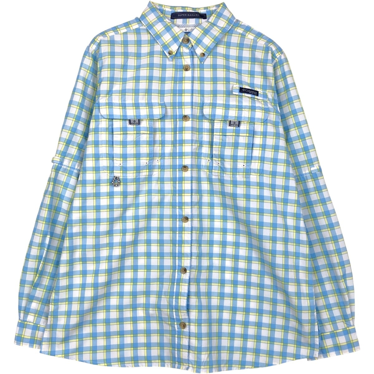 古着 コロンビア Columbia PFG チェック柄 ボタンダウン 長袖 フィッシングシャツ ロールアップシャツ レディースM相当/eaa650808