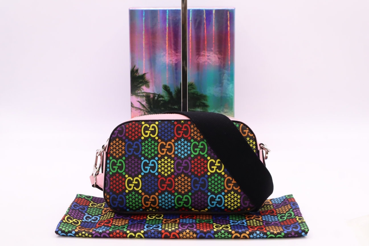 美品 GUCCI グッチ GGサイケデリック レザー ショルダーバッグ マルチカラー 574886 ショルダーバッグ ピンク マルチカラー レザー レディース