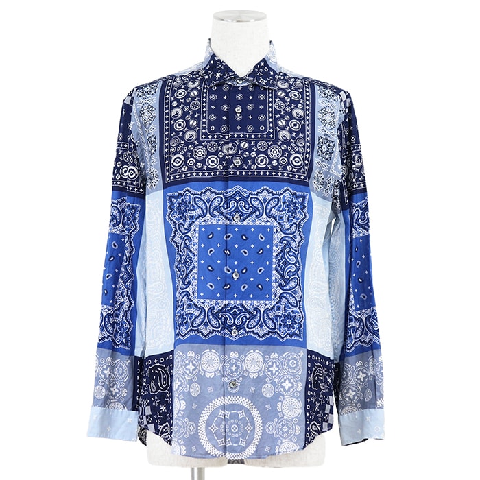 【極美品】LOUIS VUITTON ルイ・ヴィトン 長袖シャツ サイズ XL メンズ バンダナ柄 モノグラム ロゴ ペイズリー コットン100% トップス カラーキーパー付属 ブルー 青 フランス製