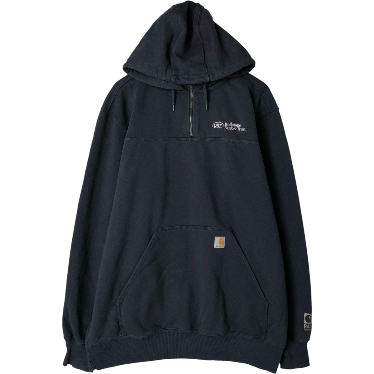 古着 カーハート Carhartt ORIGINAL FIT RAIN DEFENDER RBI Rollstone Bank & Trust ハーフジップ アドバタイジング スウェットプルオーバーパーカー メンズXL相当/eaa586068