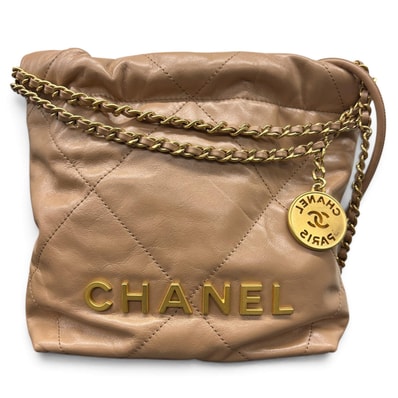 CHANEL 希少 極美品 シャネル22 2way ミニハンドバッグ チェーンショルダーバッグ AS3980 カーフスキン シリアルプレート レザー ベージュ ホーボーバッグ ポシェット マトラッセ キルティング Aランク 鑑定済 中古 シャネルバッグ