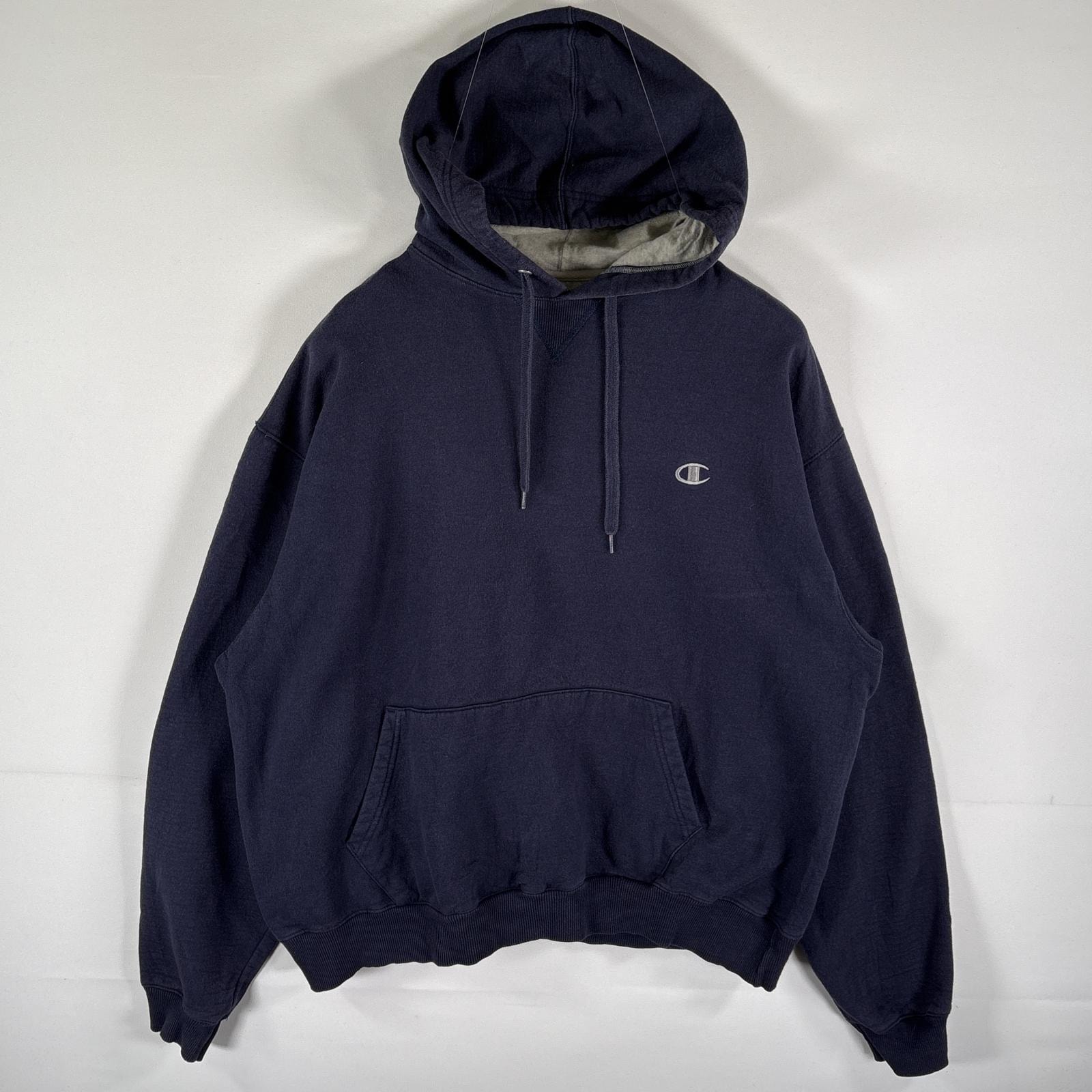 古着 チャンピオン Champion パーカー スウェット ワンポイントロゴ刺繍 フーディ プルオーバー 大きいサイズ XL  ダークネイビー メンズ