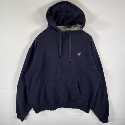 古着 チャンピオン Champion パーカー スウェット ワンポイントロゴ刺繍 フーディ プルオーバー 大きいサイズ XL ダークネイビー メンズ