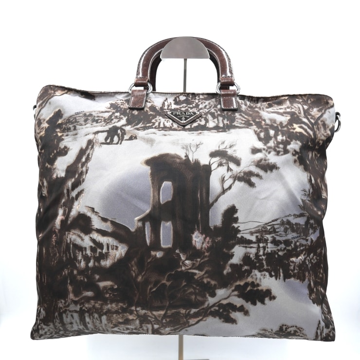 PRADA(プラダ)風景画プリント 2WAY ハンドバッグ ショルダーバッグ ナイロン ブラウン系 レザー シルバー金具 レディース 【中古】
