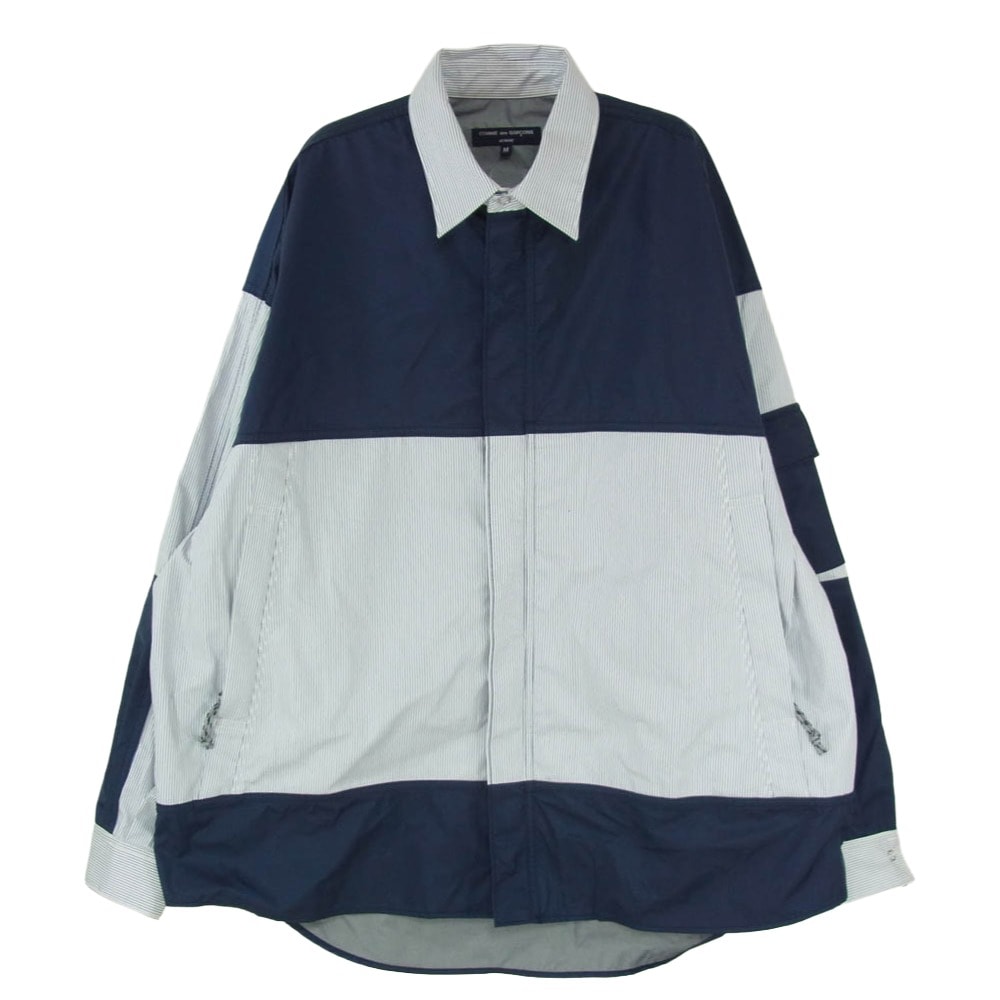 COMME des GARCONS HOMME コムデギャルソンオム 23AW HL-B007 ナイロン切替 フロントジップ スナップボタン ストライプ シャツ ジャケット ネイビー系 M【中古】