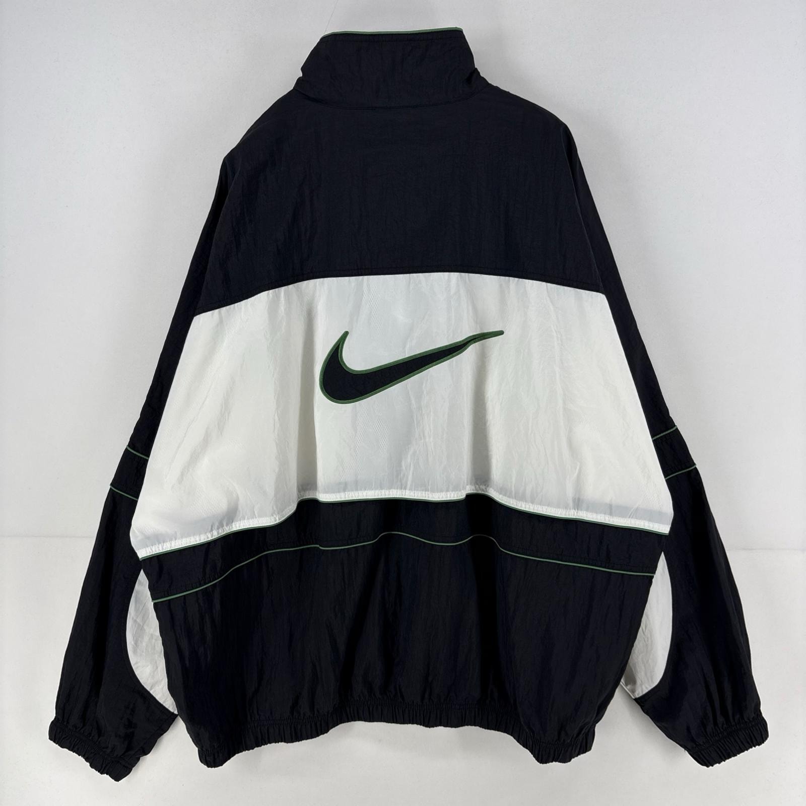 古着 90's/90年代 ナイキ NIKE ナイロンジャケット フルジップ バックロゴ ビッグスウッシュ 刺繍 ツートンカラー 2XL ブラック メンズ