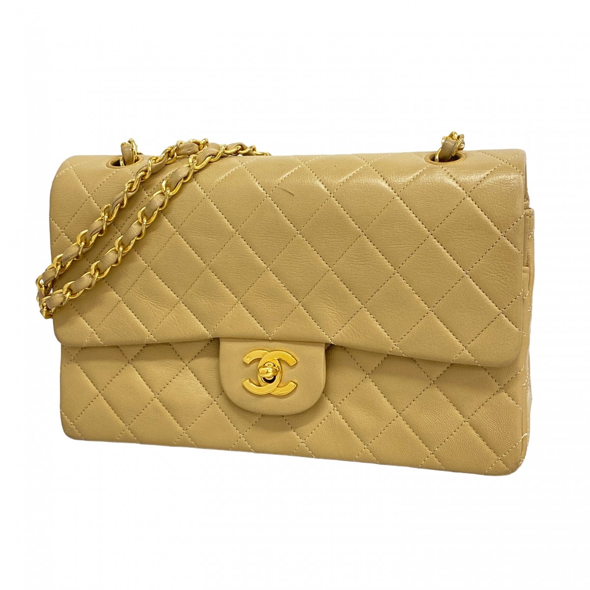 ★最終価格★SALE【6cb2625】シャネル ショルダーバッグ マトラッセ Wフラップ Wチェーン ラムスキン ベージュ ゴールド金具【中古】レディース