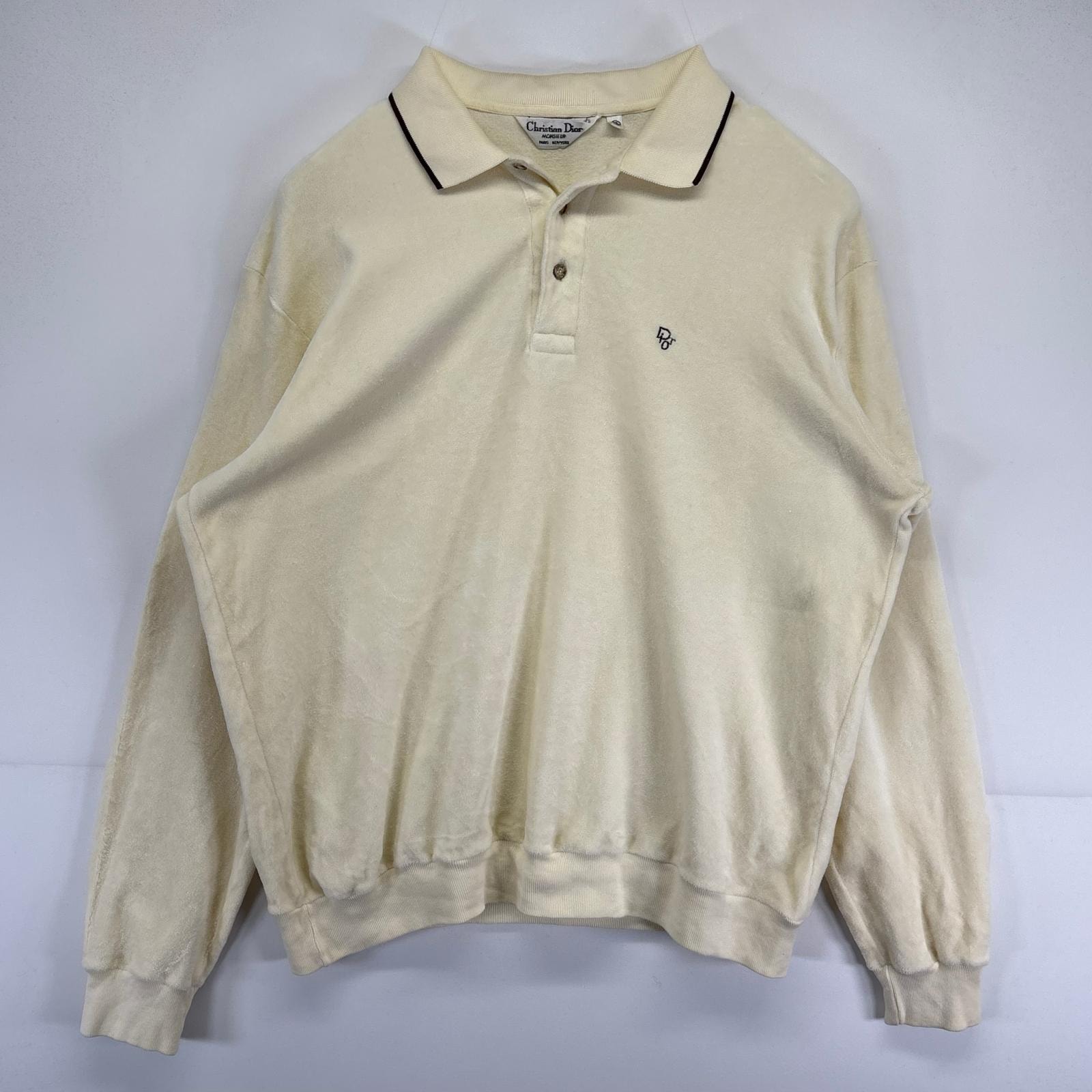 古着 クリスチャンディオール Christian Dior 長袖 ポロシャツ 大きいサイズ ベロア生地 ワンポイントロゴ刺繍 XL  ホワイト系 メンズ