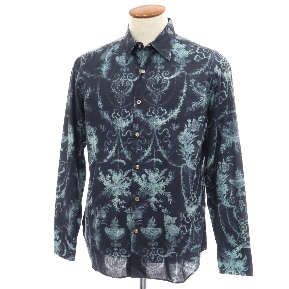 【中古】ポールスミスコレクション PAUL SMITH COLLECTION コットン 総柄 プリント レギュラーカラー カジュアルシャツ ネイビーxライトブルー【サイズM】【メンズ】