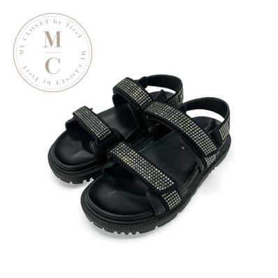 クリスチャンディオール CHRISTIAN DIOR サンダル 靴 シューズ ラムスキン ブラック 黒 ロゴ ラインストーン ベルクロストラップ スポーツサンダル