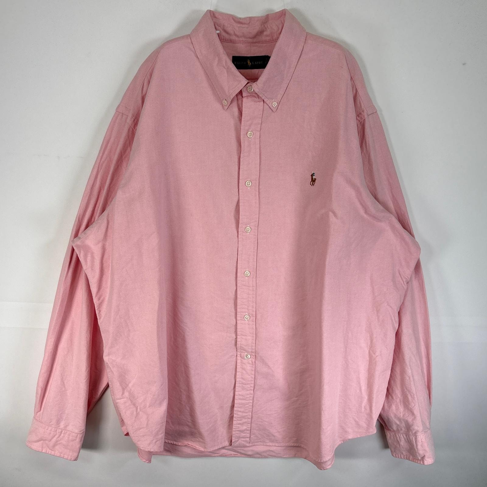 古着 ラルフローレン RALPH LAUREN 長袖シャツ ロゴ 刺繍 大きいサイズ ボタンダウン 14042 ピンク系 無地 メンズ