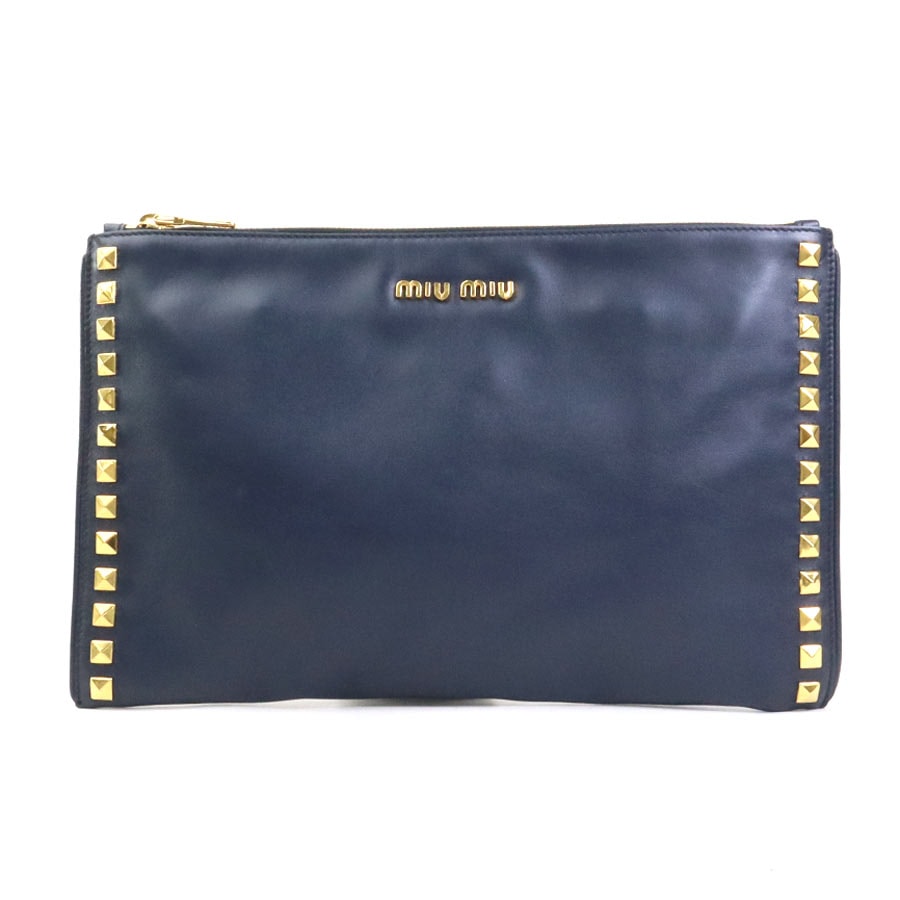 ミュウミュウ MIUMIU クラッチバッグ レザー/メタル ネイビー/ゴールド レディース【中古】 e60494k