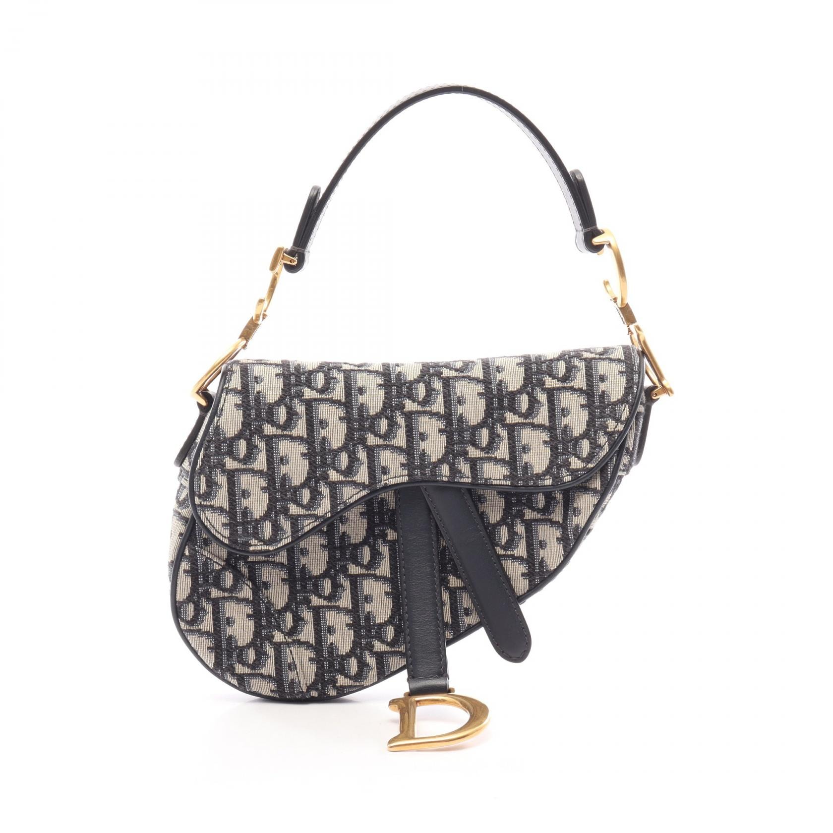 ディオール Dior サドルバッグ ミニ オブリークジャカード ハンドバッグ バッグ キャンバス レザー レディース アイボリー系 / ネイビー系 【中古】