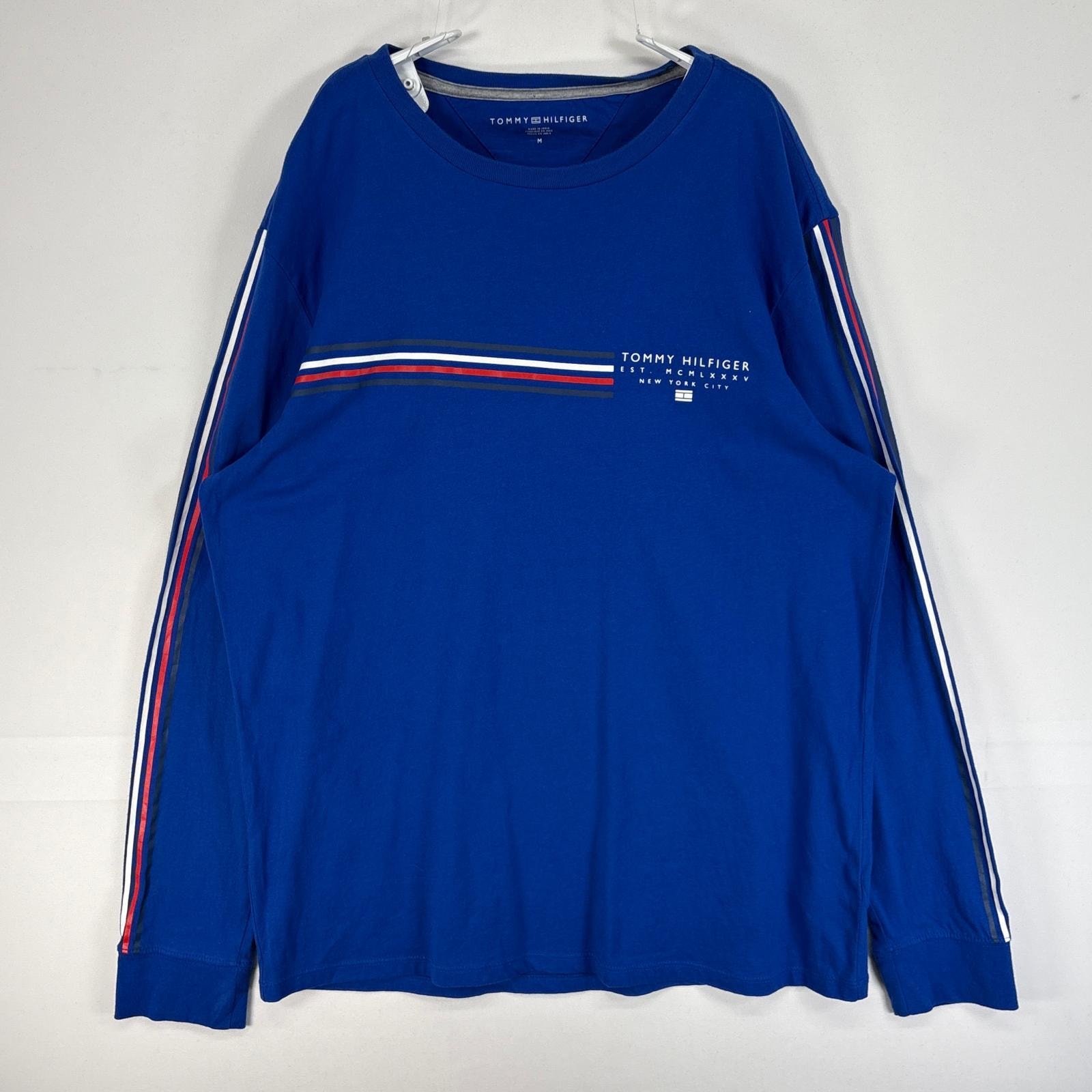 古着 トミーヒルフィガー TOMMY HILFIGER 長袖Tシャツ 袖ライン ロゴ クルーネック M  ブルー プリント メンズ