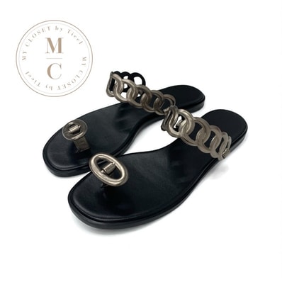 エルメス HERMES イオス サンダル 靴 シューズ レザー ブラック メタリック シェーヌダンクル フラット