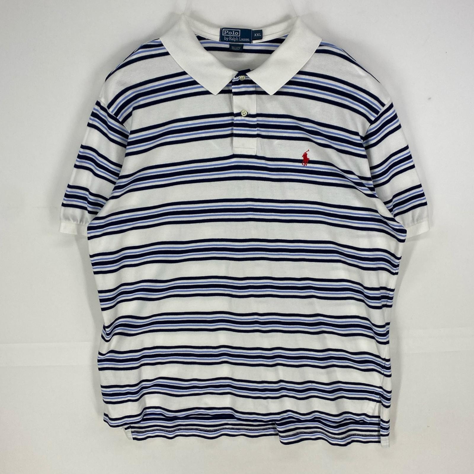 古着 ポロバイラルフローレン Polo by Ralph Lauren 鹿の子 半袖シャツ ショートスリーブ ポロシャツ 2XL  ホワイト系 ボーダー メンズ