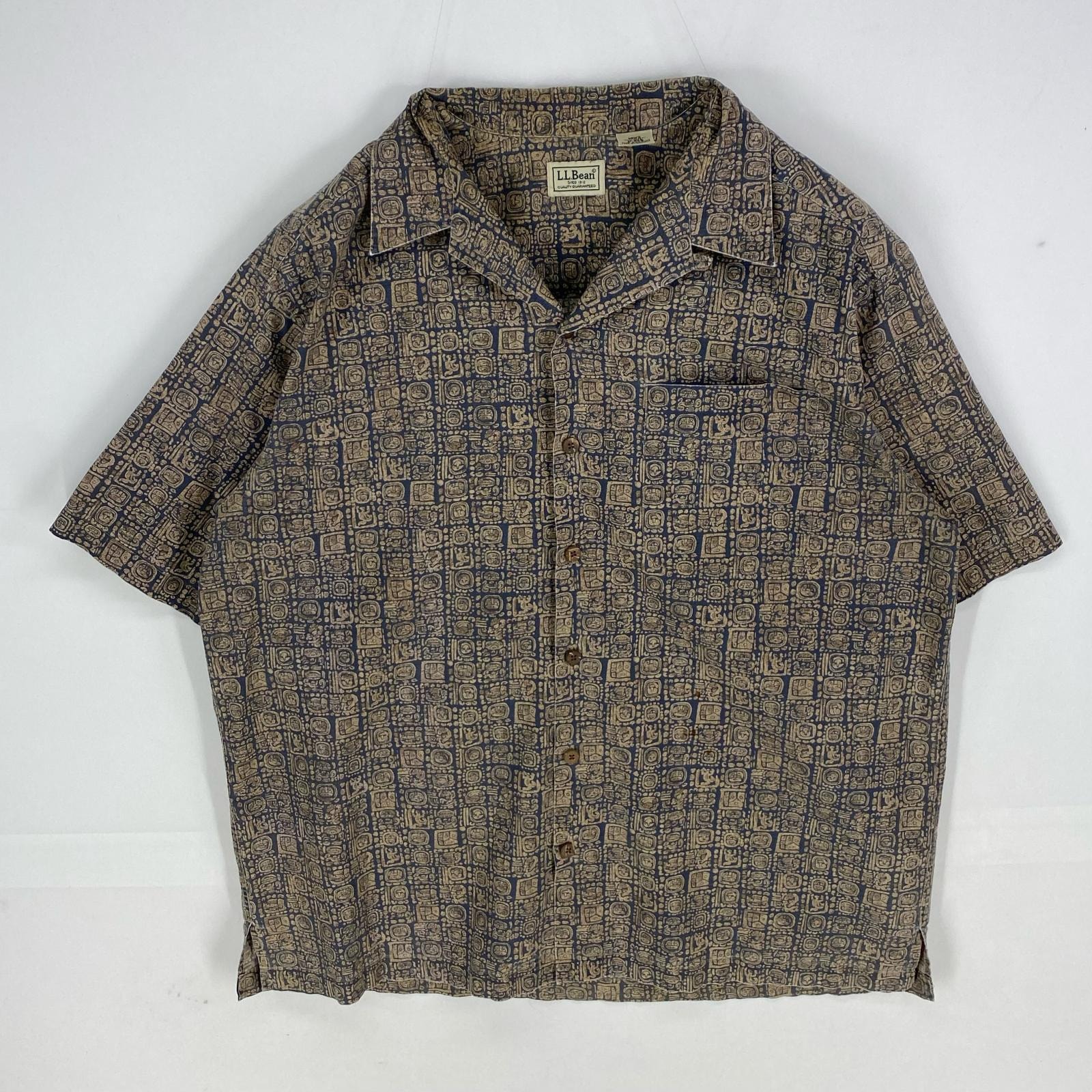 古着 エルエルビーン L.L.Bean 半袖シャツ アロハ 胸ポケット オープンカラー ショートスリーブ M ブラウン系 総柄 メンズ