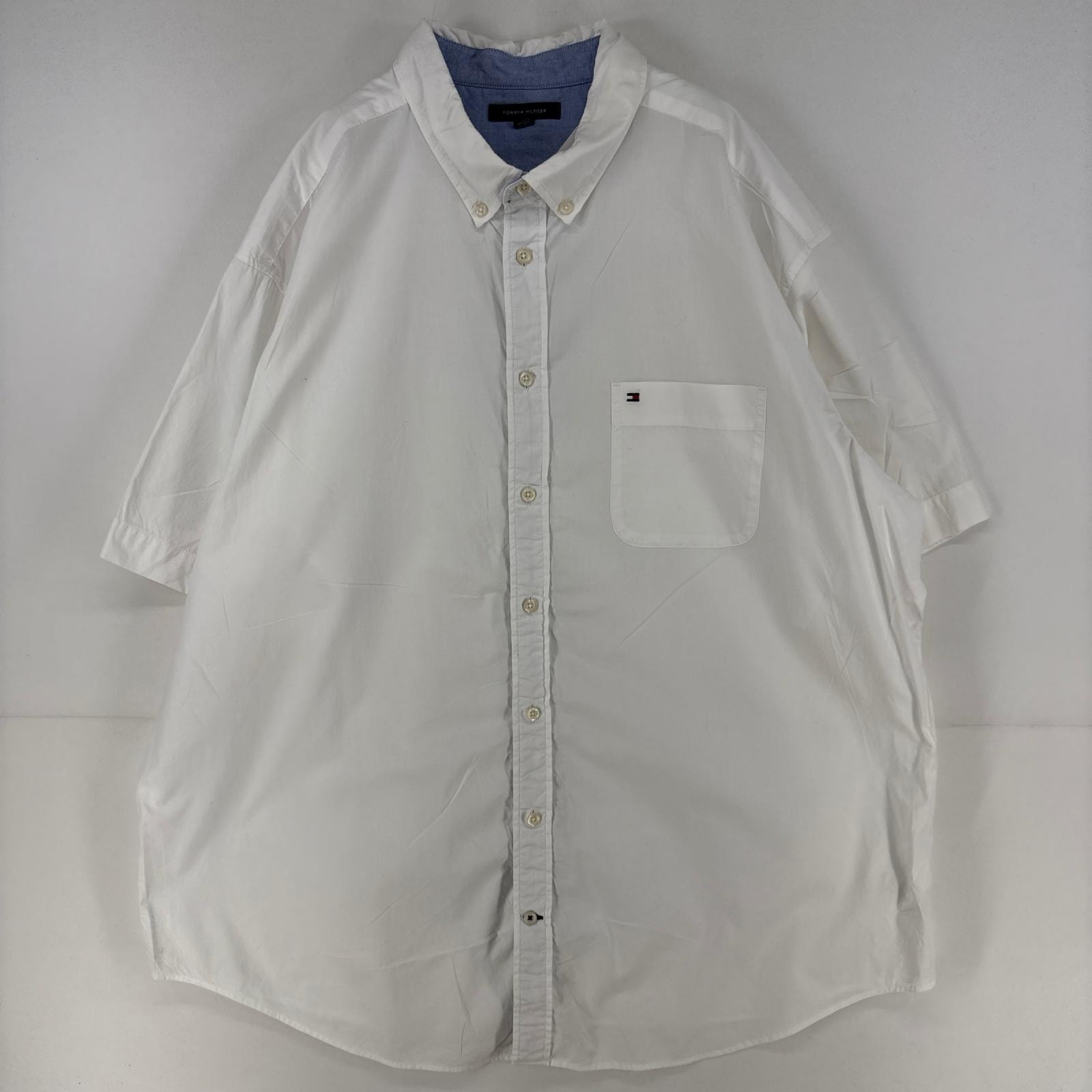 古着 トミーヒルフィガー TOMMY HILFIGER 半袖シャツ ボタンダウン ワンポイント 胸ポケット 大きいサイズ 3XL ホワイト 無地 メンズ