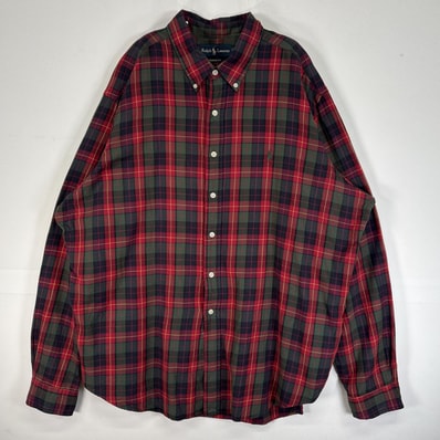 古着 ラルフローレン RALPH LAUREN 長袖シャツ チェック ロゴ 刺繍 大きいサイズ 14041 レッド マルチカラー メンズ