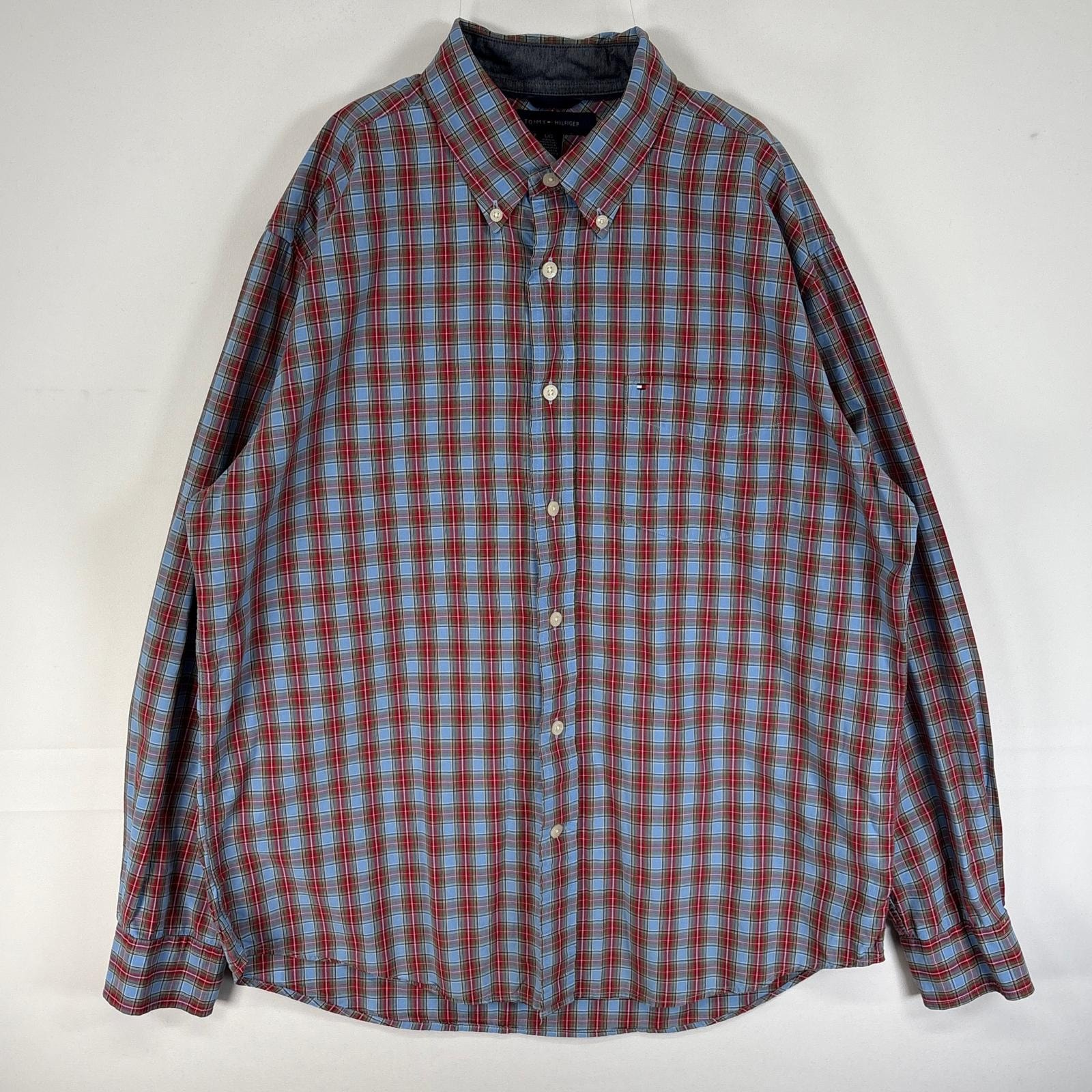 古着 トミーヒルフィガー TOMMY HILFIGER 長袖シャツ ロゴ 刺繍 チェック ボタンダウン 胸ポケ L ブルー系 マルチカラー メンズ
