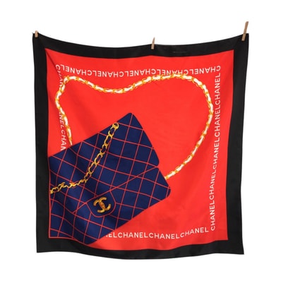 美品 CHANEL シャネル ココマーク マトラッセ柄 レッド ネイビー ブラック シルク スカーフ 601442 【中古】