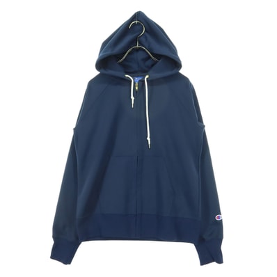 美品 Champion チャンピオン ワンポイントロゴ 長袖 ジップ フーディジャケット L ネイビー