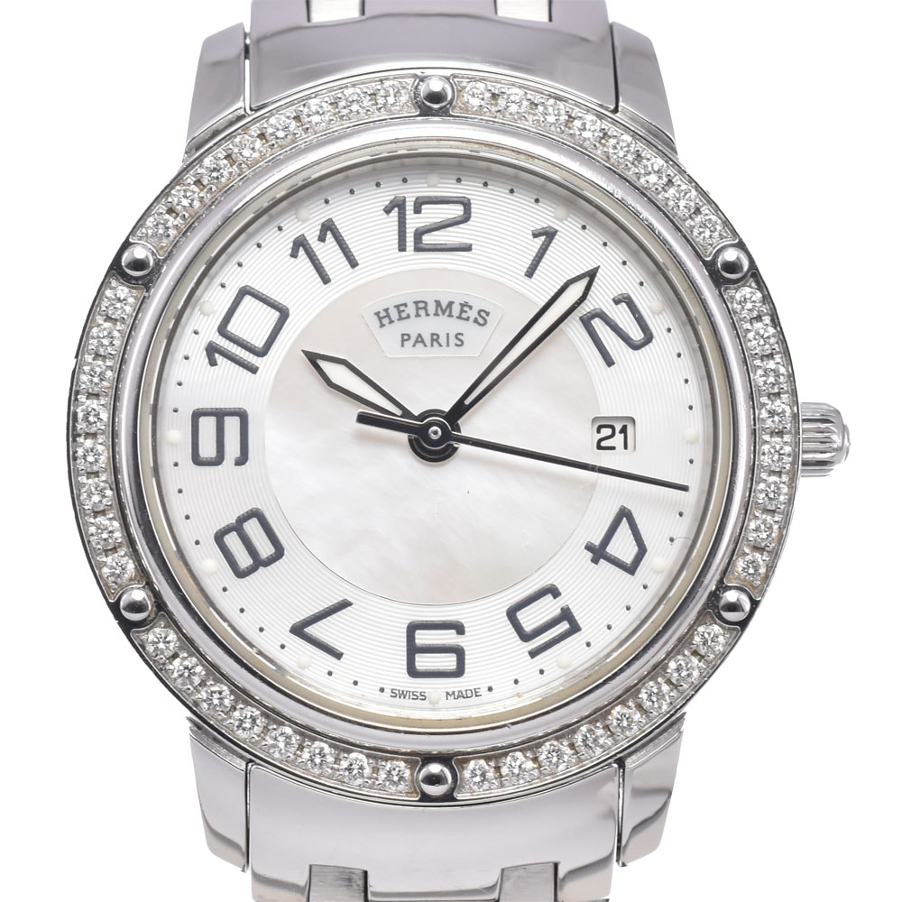 エルメス HERMES CP1.330 クリッパー ダイヤモンド シルバー/ホワイトシェル クォーツ レディース 良品 腕時計 D#149655