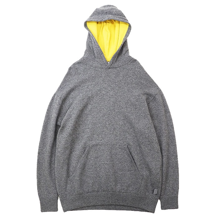 【美品】LOEWE ロエベ パーカー ニット ウール / カシミヤ ロゴ アナグラム レザータブ 天竺編み バイカラーフード プルオーバー ビッグシルエット フーディー トップス メンズ サイズ S グレー イエロー 灰色 黄 イタリア製