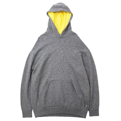 【美品】LOEWE ロエベ パーカー ニット ウール / カシミヤ ロゴ アナグラム レザータブ 天竺編み バイカラーフード プルオーバー ビッグシルエット フーディー トップス メンズ サイズ S グレー イエロー 灰色 黄 イタリア製