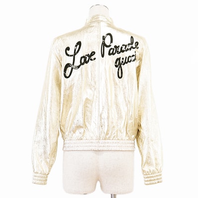 美品 グッチ 2022年 テディ ラブパレード スパンコール メタリック ブルゾン ジャケット レディース シャンパンゴールド 40 GUCCI
