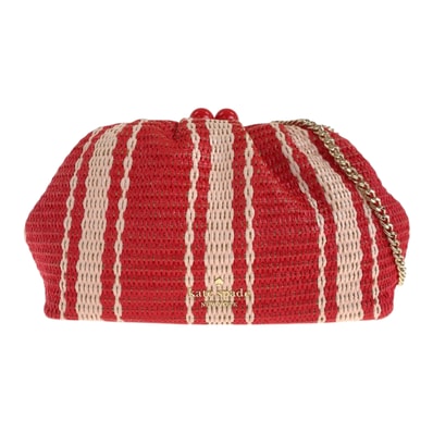 美品 Kate Spade ケイトスペード スクランチ ビーチ チェア ストライプ ストロー コンバーチブル レッド ピンク ゴールド金具 ストロー チェーンショルダーバッグ ポシェット 600249 【中古】