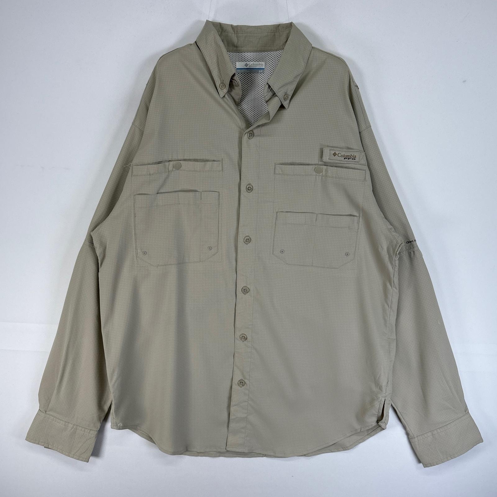 古着 コロンビア Columbia 長袖シャツ PFG フィッシングギア ワンポイント ロゴ 胸ポケ S  ベージュ 無地 メンズ