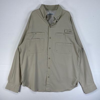 古着 コロンビア Columbia 長袖シャツ PFG フィッシングギア ワンポイント ロゴ 胸ポケ S ベージュ 無地 メンズ