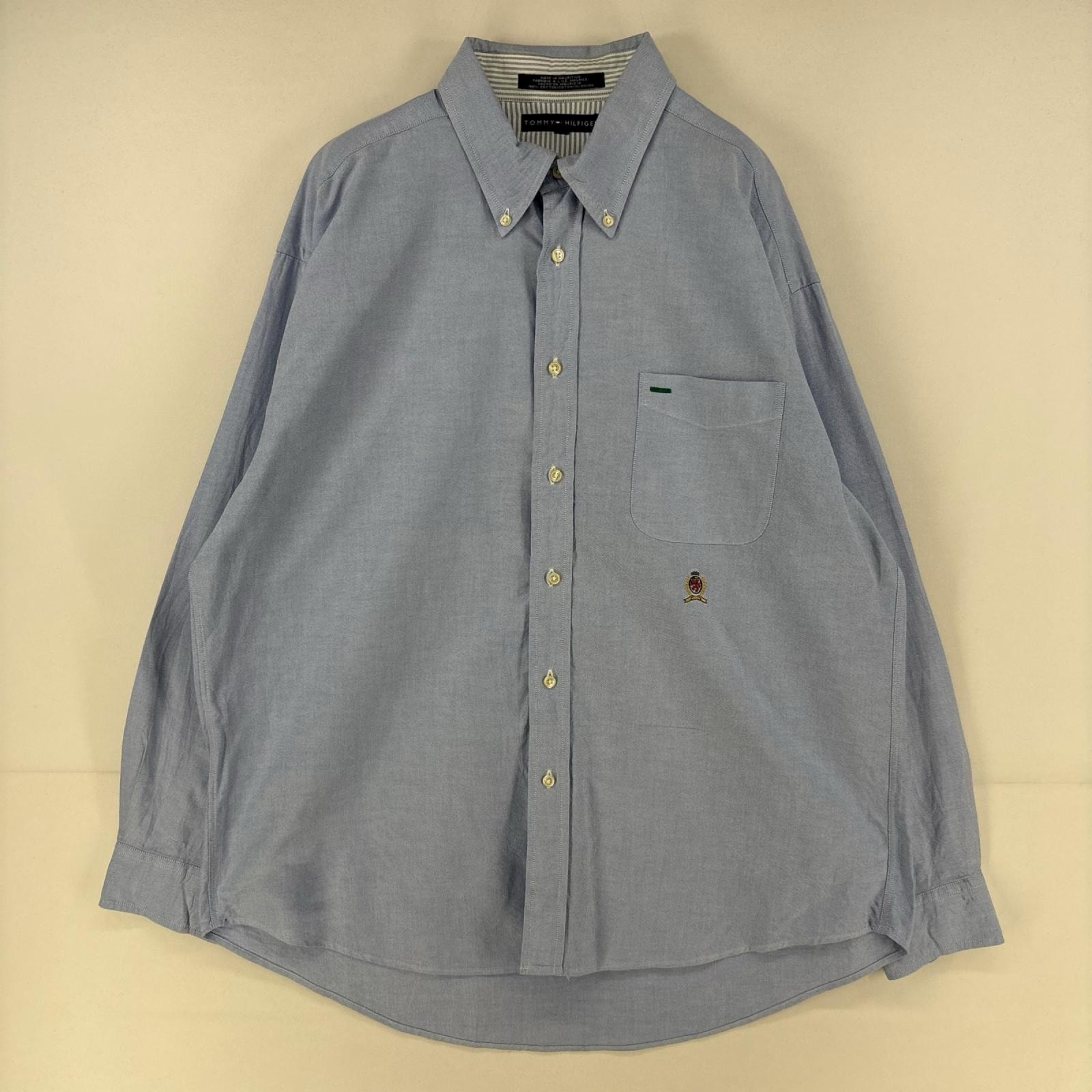 古着 トミーヒルフィガー TOMMY HILFIGER 長袖シャツ ワンポイント刺繍ロゴ 胸ポケット 大きいサイズ XL 水色 メンズ