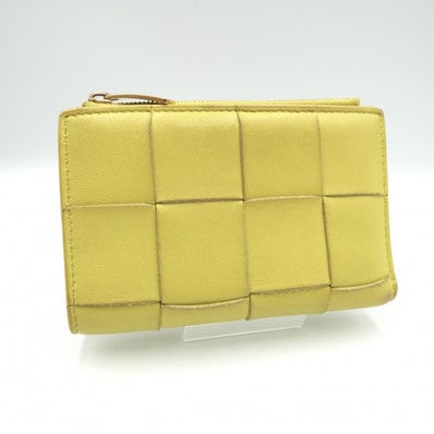 BOTTEGA VENETA(ボッテガ・ヴェネタ)カセット 二つ折り財布 コンパクトウォレット マキシイントレチャート イエロー レザー ゴールド金具 レディース【中古】
