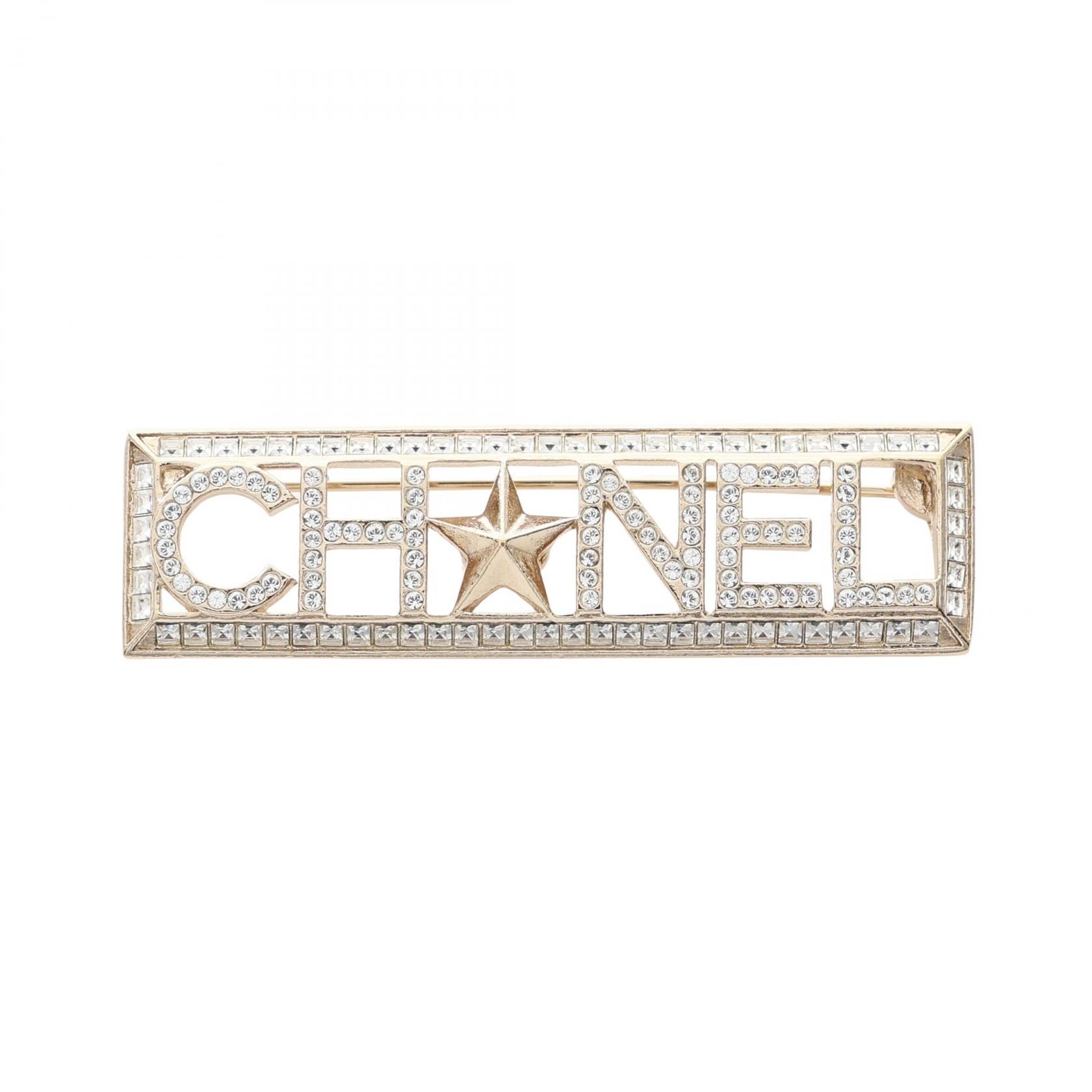 シャネル CHANEL ロゴ ブローチ アクセサリー GP(ゴールドメッキ) ラインストーン レディース ゴールド系 / クリア系 / ホワイト系 【中古】