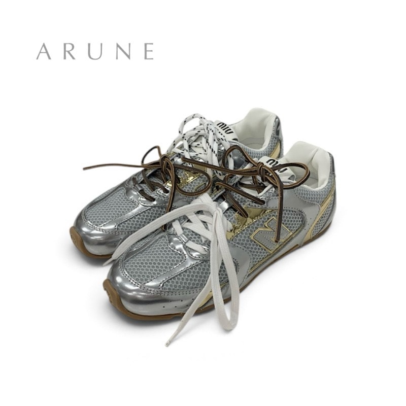 ミュウミュウ MIUMIU 530 SL スニーカー 靴 シューズ メッシュ レザー シルバー ゴールド 未使用 ニューバランス ロゴ