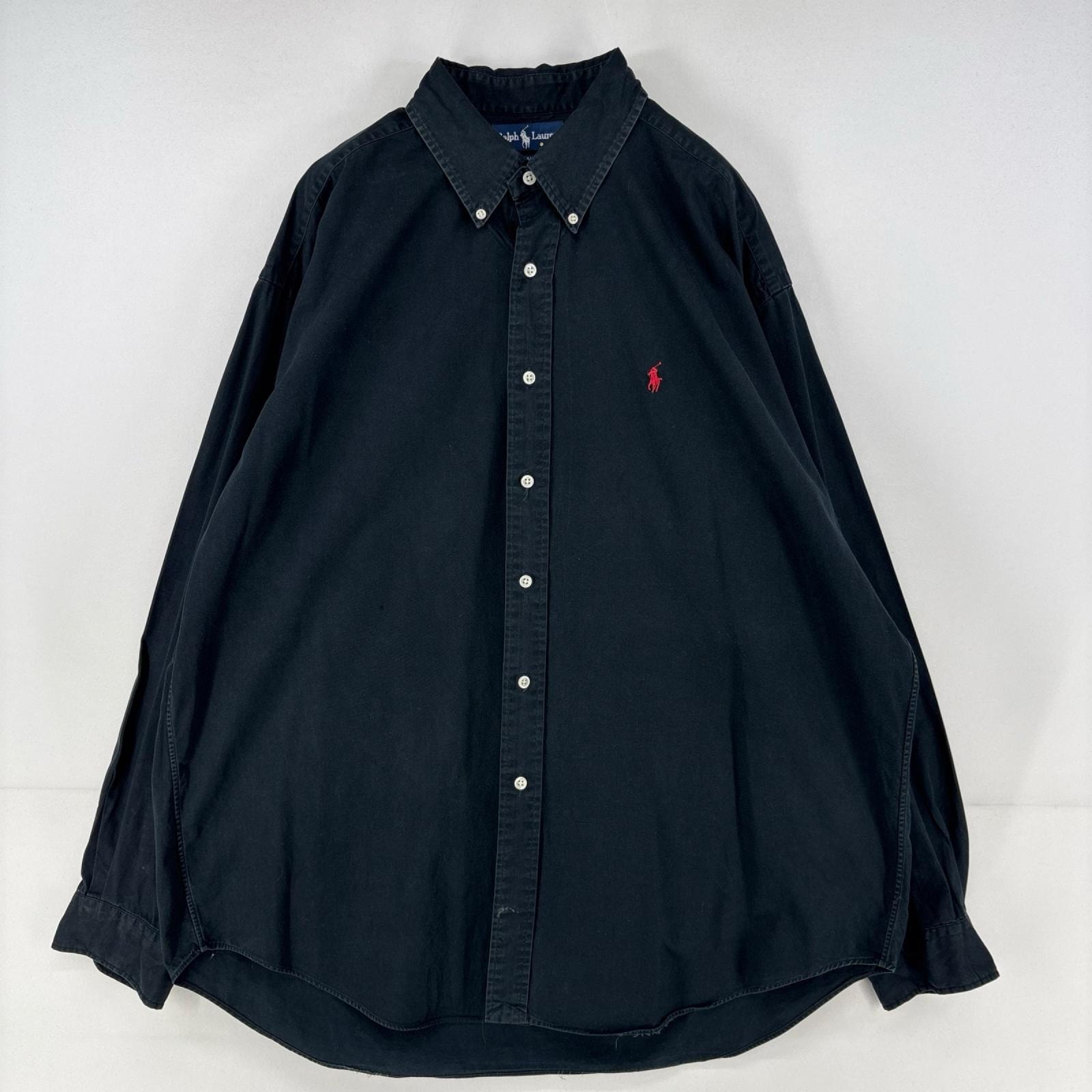 古着 ラルフローレン RALPH LAUREN 長袖シャツ ワンポイント ロゴ 刺繍 オックスフォード 大きいサイズ XL ブラック メンズ