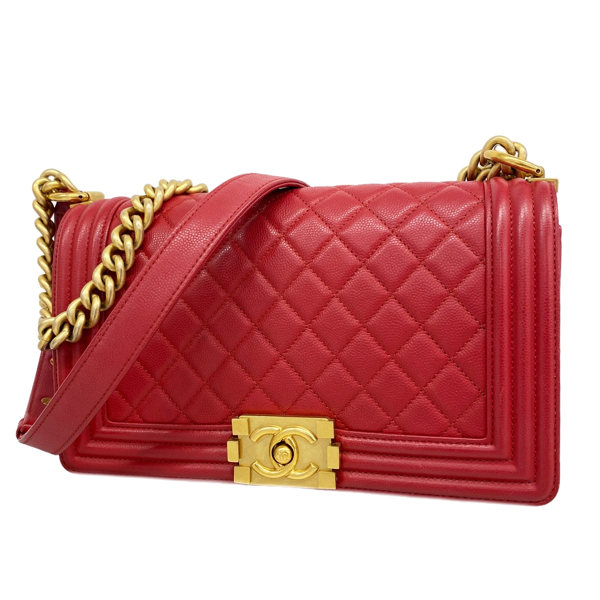 ★SALE【6hc2572】シャネル ショルダーバッグ ボーイシャネル チェーンショルダー キャビアスキン レッド ゴールド金具【中古】レディース