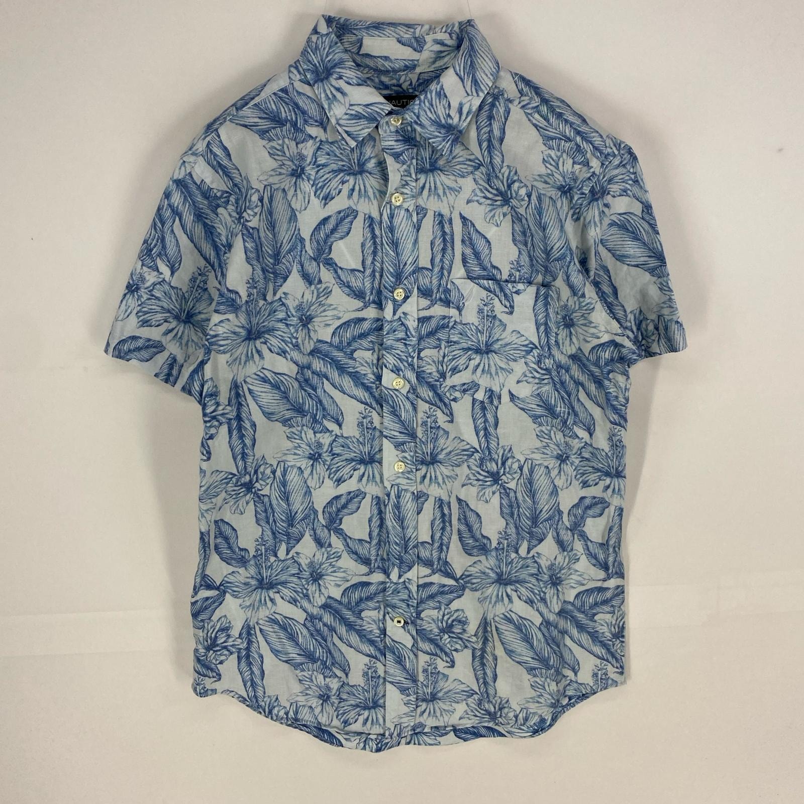 古着 ノーティカ NAUTICA 半袖シャツ アロハシャツ 胸ポケット オープンカラー ショートスリーブ S  ブルー系 総柄 メンズ