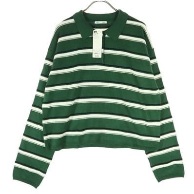 未使用 GU ジーユー ボーダー柄 長袖 ポロ セーター L グリーン