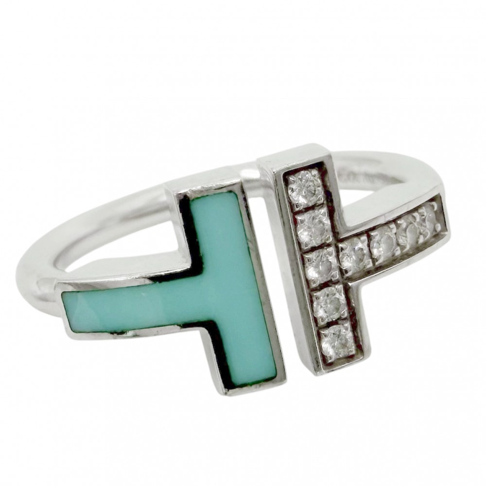 TIFFANY&Co. ティファニー 指輪 ティファニーT Tワイヤーリング ジュエリー 18金WG Au750 K18ホワイトゴールド ダイヤモンド0.07ct 約9号 64028146 ブルー 青 シルバー レディース 約4.4g【中古品】