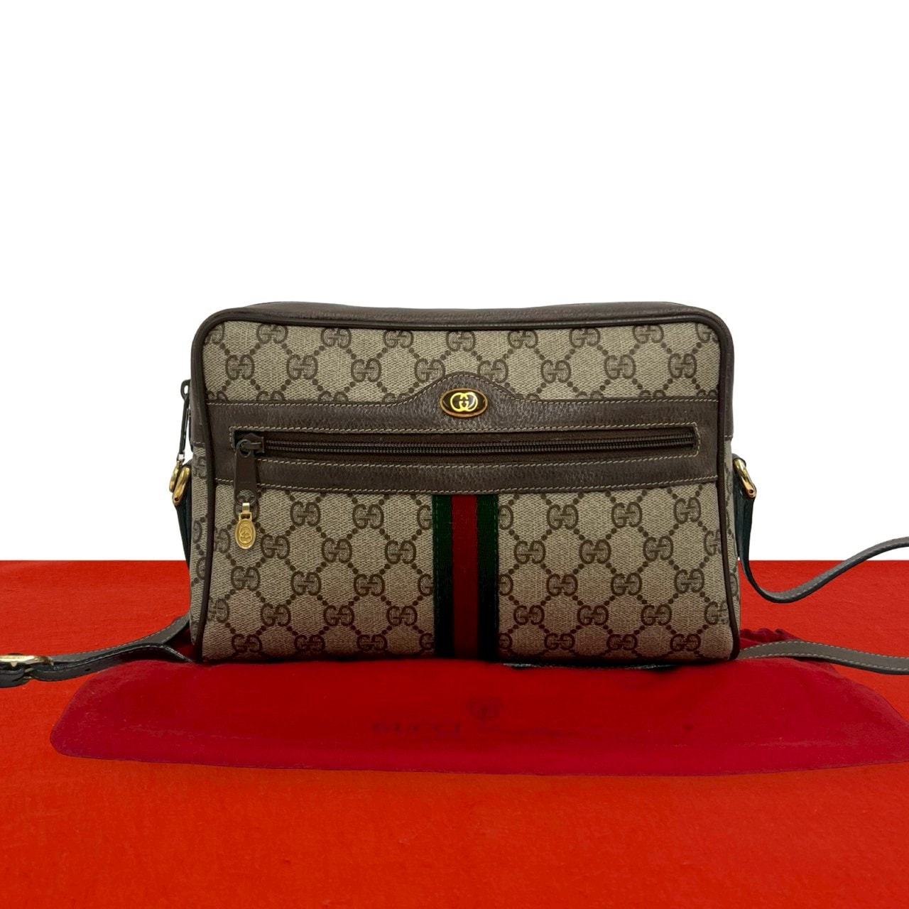GUCCI グッチ シェリーライン GG ロゴ 金具 レザー PVC ショルダーバッグ ブラウン
 40038
