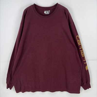 古着 カーハート Carhartt 長袖Tシャツ クルーネック 大きいサイズ ルーズフィット 袖プリント ロゴ プリント 2XL レッド系 メンズ