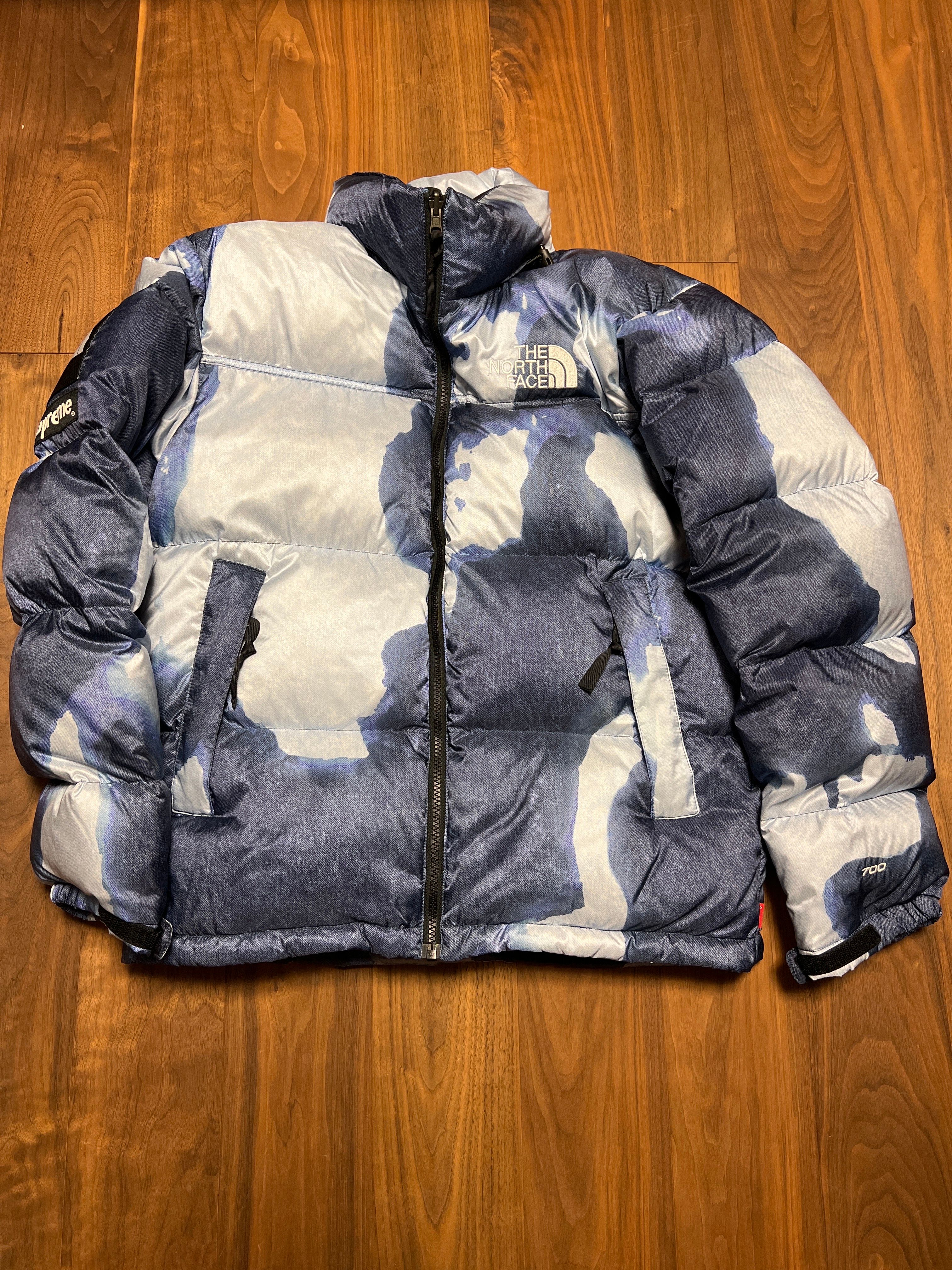 Supreme x The North Face Bleached Denim Print Nuptse Jacket "Indigo"