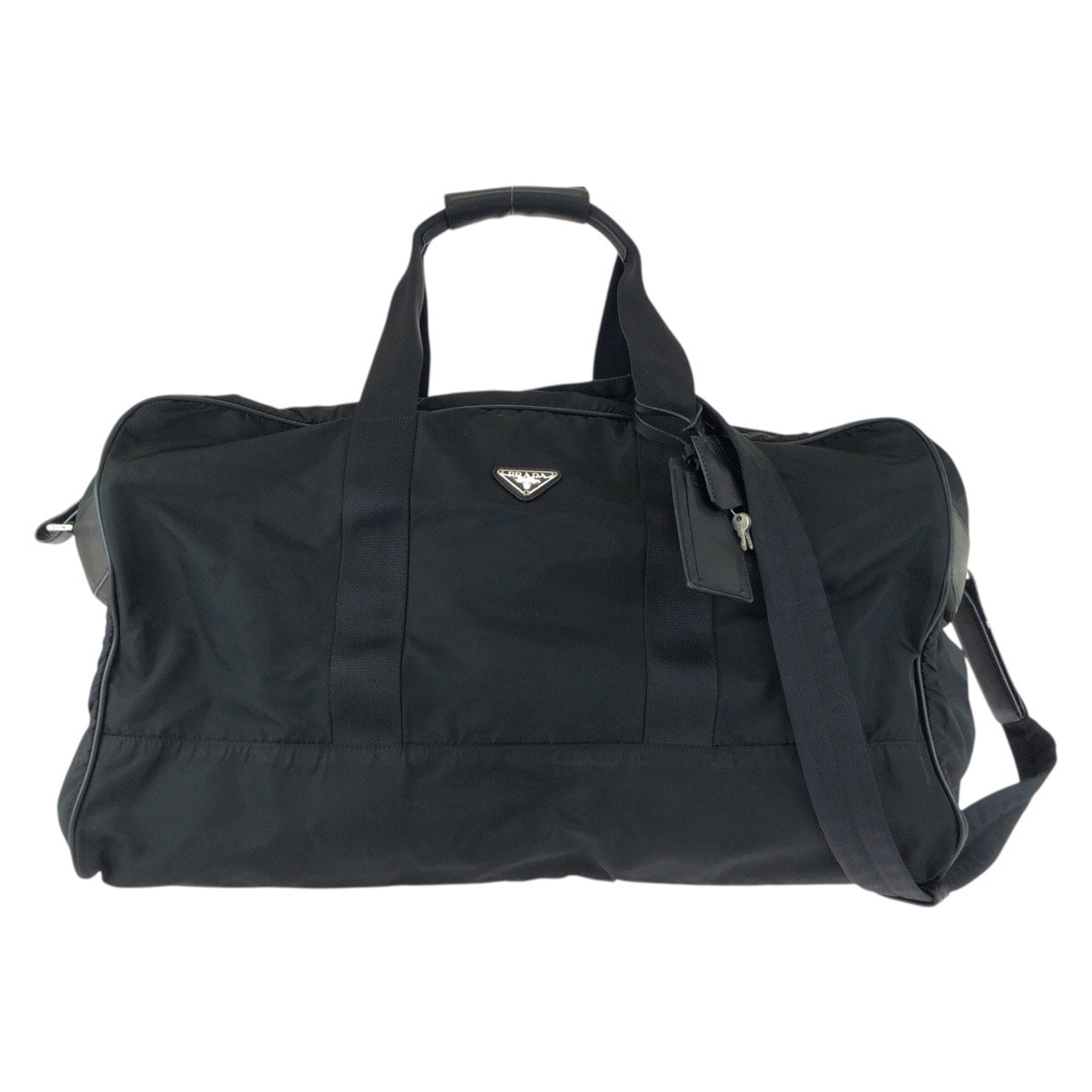 PRADA プラダ テスート サフィアーノ 三角ロゴプレート ブラック 黒 シルバー金具 ナイロン レザー/ ボストンバッグ 2way 600833 【中古】