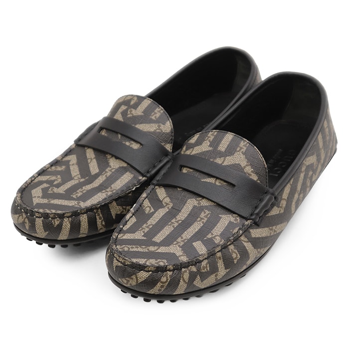 SALE【美品】GUCCI グッチ ドライビングシューズ サイズ 7.5 メンズ シグネチャー ロゴ GGスプリーム カレイド ペニーローファー スリッポン シューズ 革靴 箱・袋付属 ブラック ベージュ 黒 イタリア製