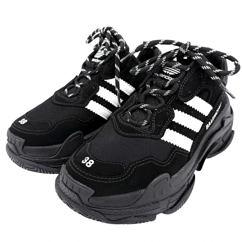 BALENCIAGA バレンシアガ スニーカー アディダスコラボ トリプルS ダッドスニーカー 厚底 adidas シューズ 靴 ファッションアイテム 38サイズ 約25cm 593994    ブラック 黒 メンズ 美品【中古品】